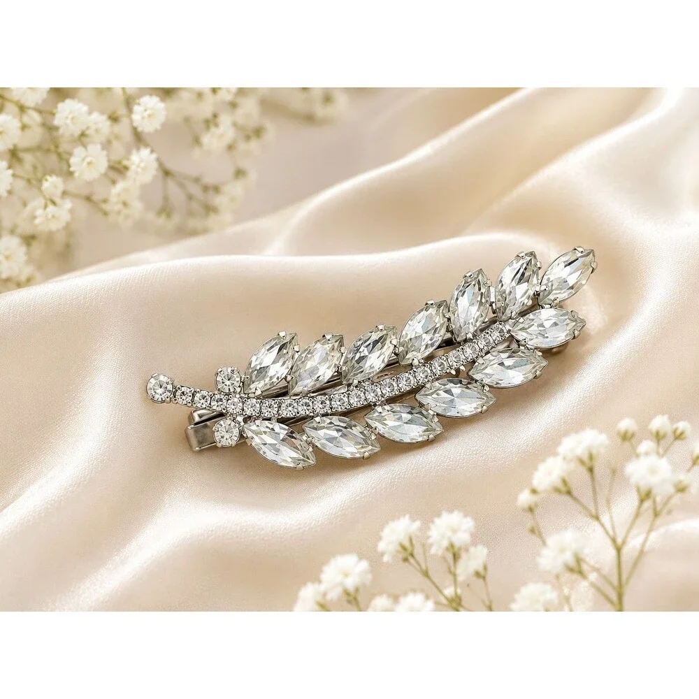 Silver-Tone Clear Rhinestone Leaf Hair Clip  3